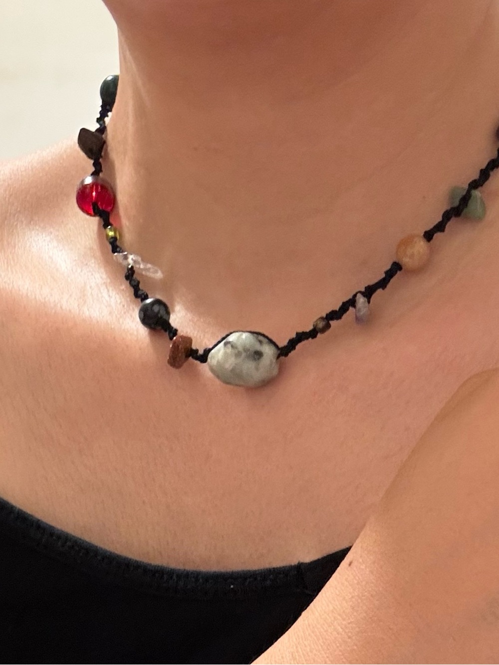 Handmade Multistone Beaded Necklace - Black Cord
